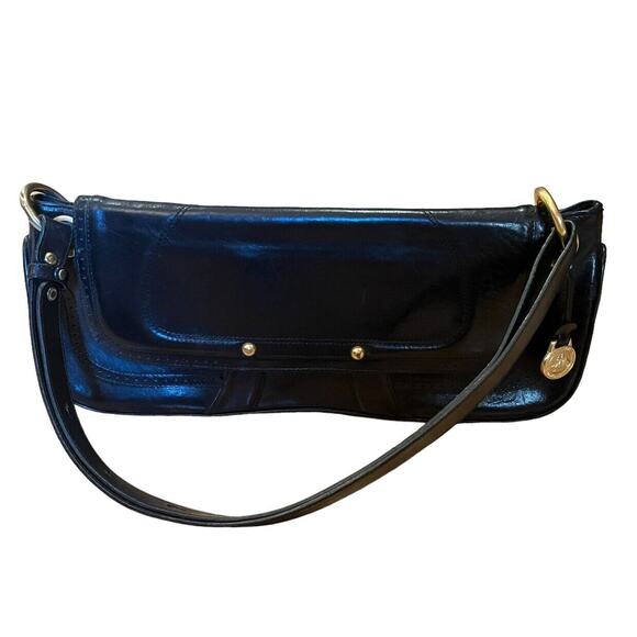 Brahmin Women's Purse Bag Black Leather 15” Long Gold Toned Details VGC